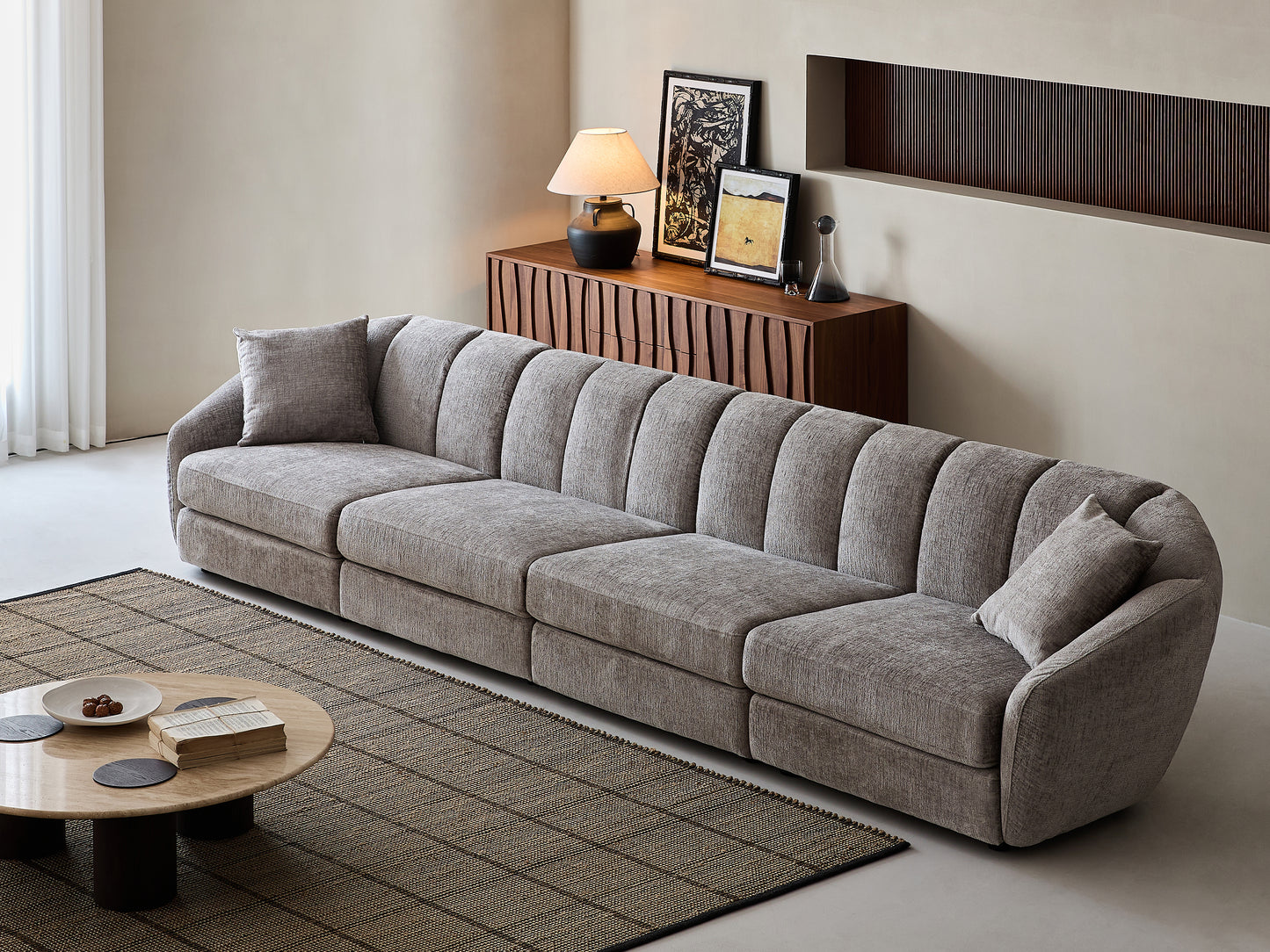 Modern Scallop Sofa - 4 Seats, Curved Design, Soft Velvet Fabric And Non Slip Base