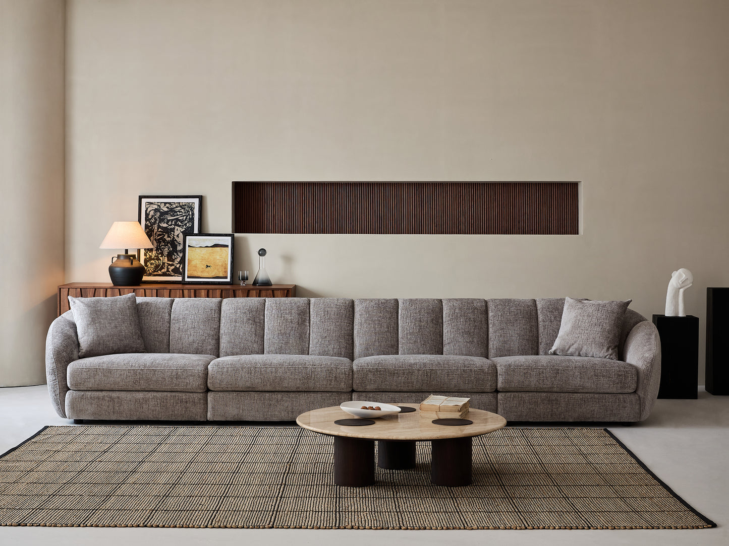 Modern Scallop Sofa - 4 Seats, Curved Design, Soft Velvet Fabric And Non Slip Base