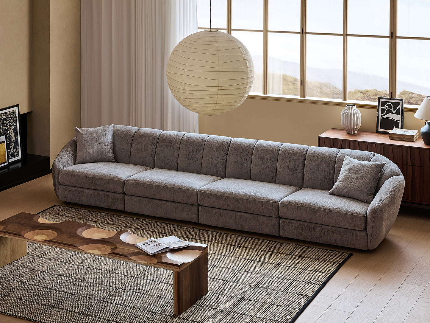 Modern Scallop Sofa - 4 Seats, Curved Design, Soft Velvet Fabric And Non Slip Base