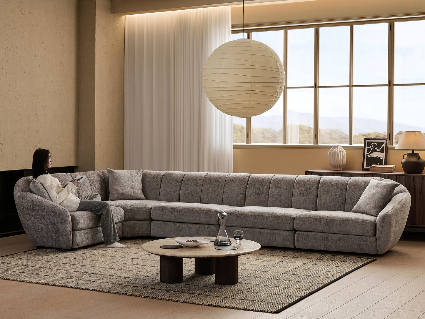 Modern L-Shaped Scallop Sofa With 5 Seats, Anti Slip Plastic Foot Segmented Sofa