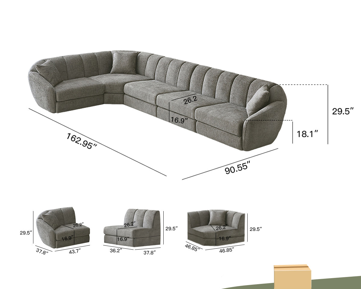 Modern L-Shaped Scallop Sofa With 5 Seats, Anti Slip Plastic Foot Segmented Sofa