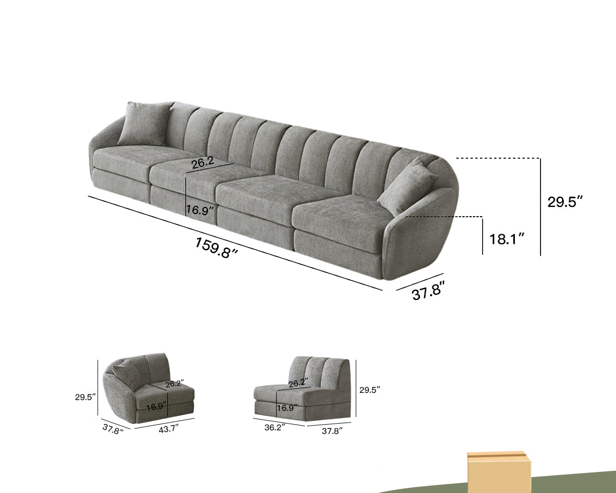 Modern Scallop Sofa - 4 Seats, Curved Design, Soft Velvet Fabric And Non Slip Base