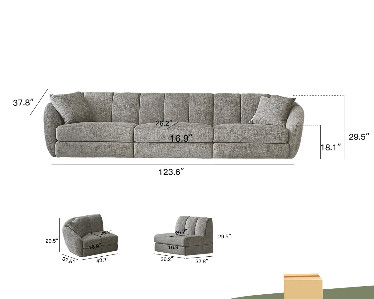 Modern scallop sofa - 3 seats, curved design, soft velvet fabric and non slip base
