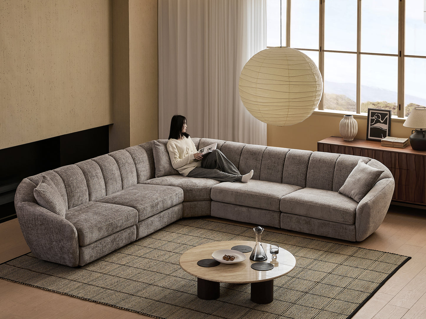Modern L-Shaped Scallop Sofa With 5 Seats, Anti Slip Plastic Foot Segmented Sofa