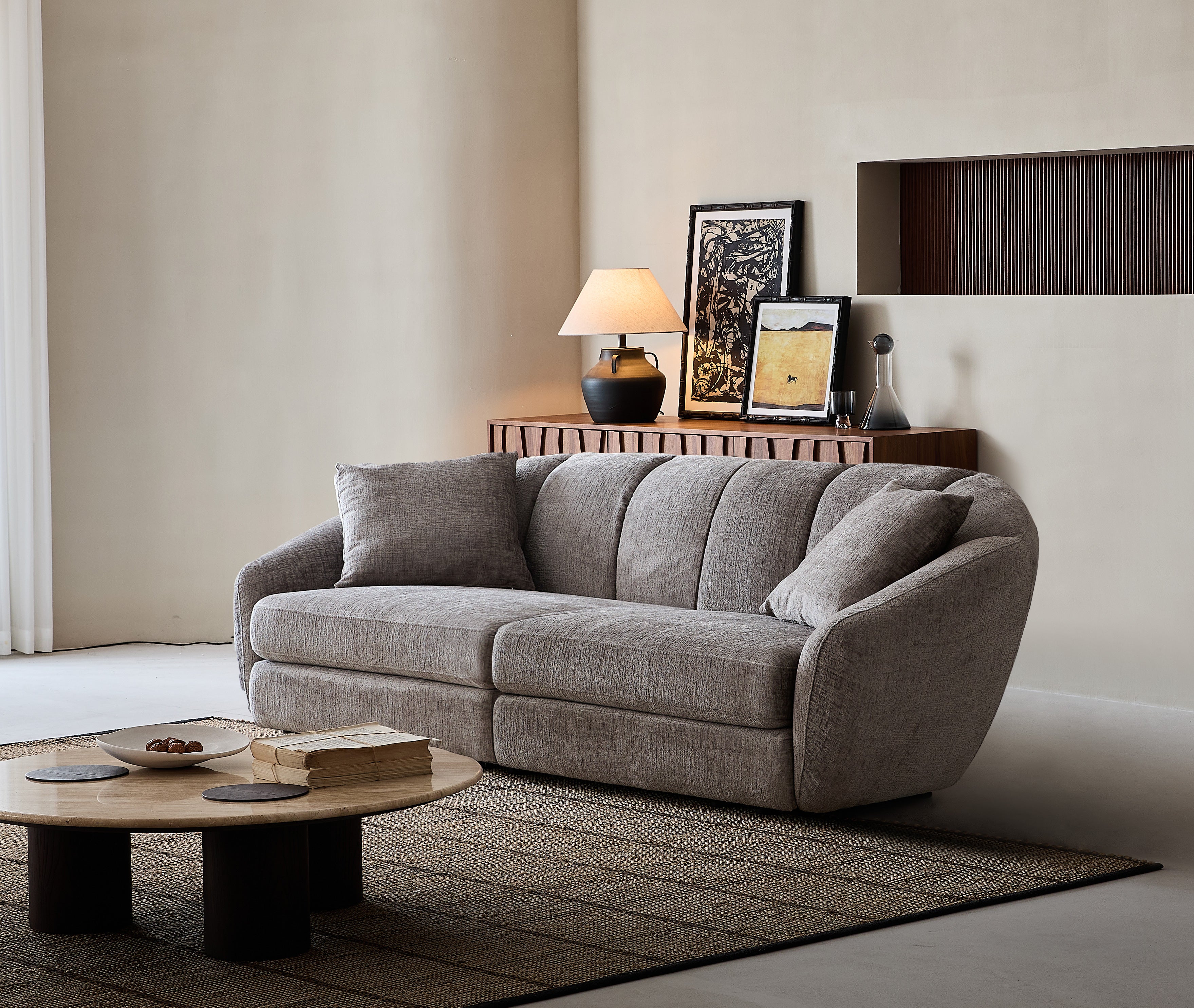 Modern scallop sofa - double seat, curved design with anti slip base