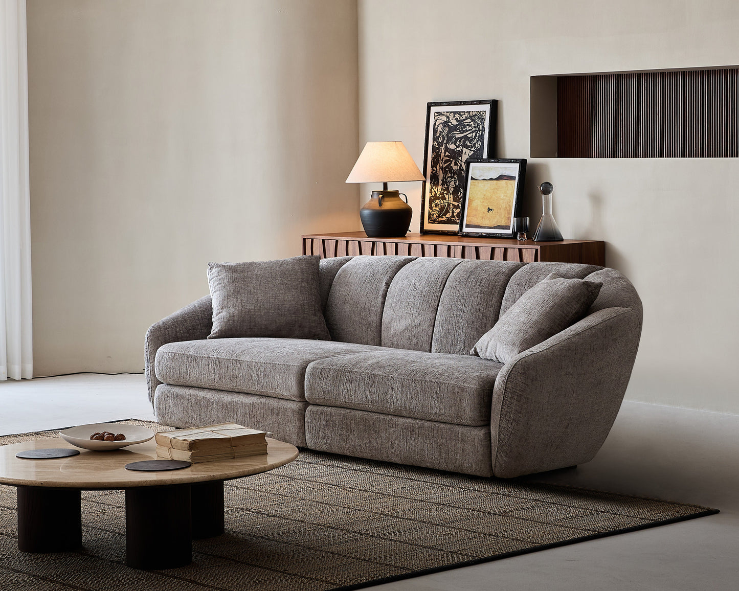 Modern scallop sofa - double seat, curved design with anti slip base