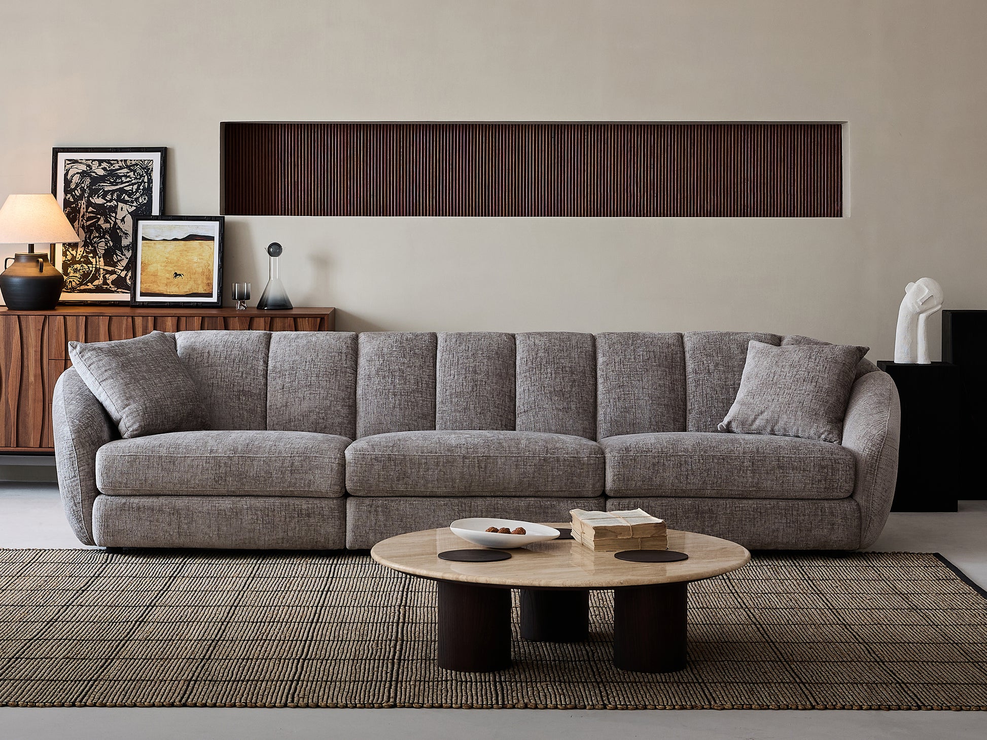 Modern scallop sofa seats, curved design, soft velvet fabric